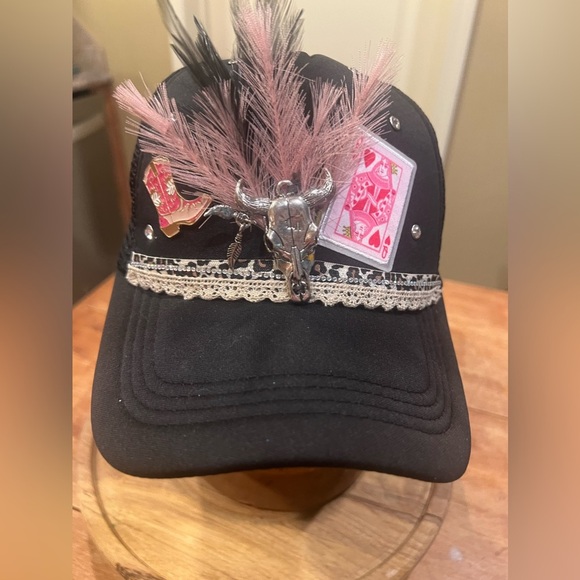 Handmade Western Boho Cowgirl Glitzy Pink, Black, & Leopard Mesh Trucker Hat - Picture 2 of 4